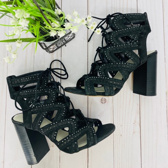 1. State Black Leather Cage Block Heel Lace Up Open Toe Studded Sandal Size 5.5 - Picture 2 of 8